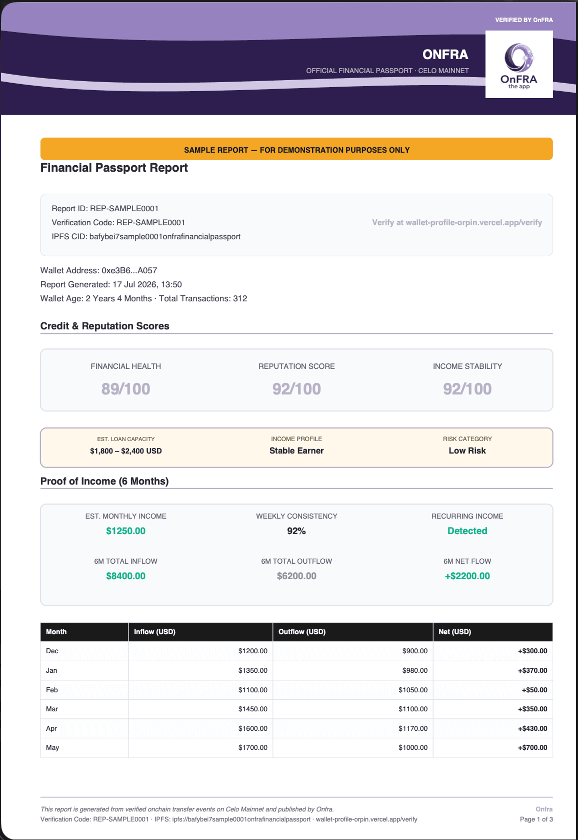 Onfra financial passport report — page 1